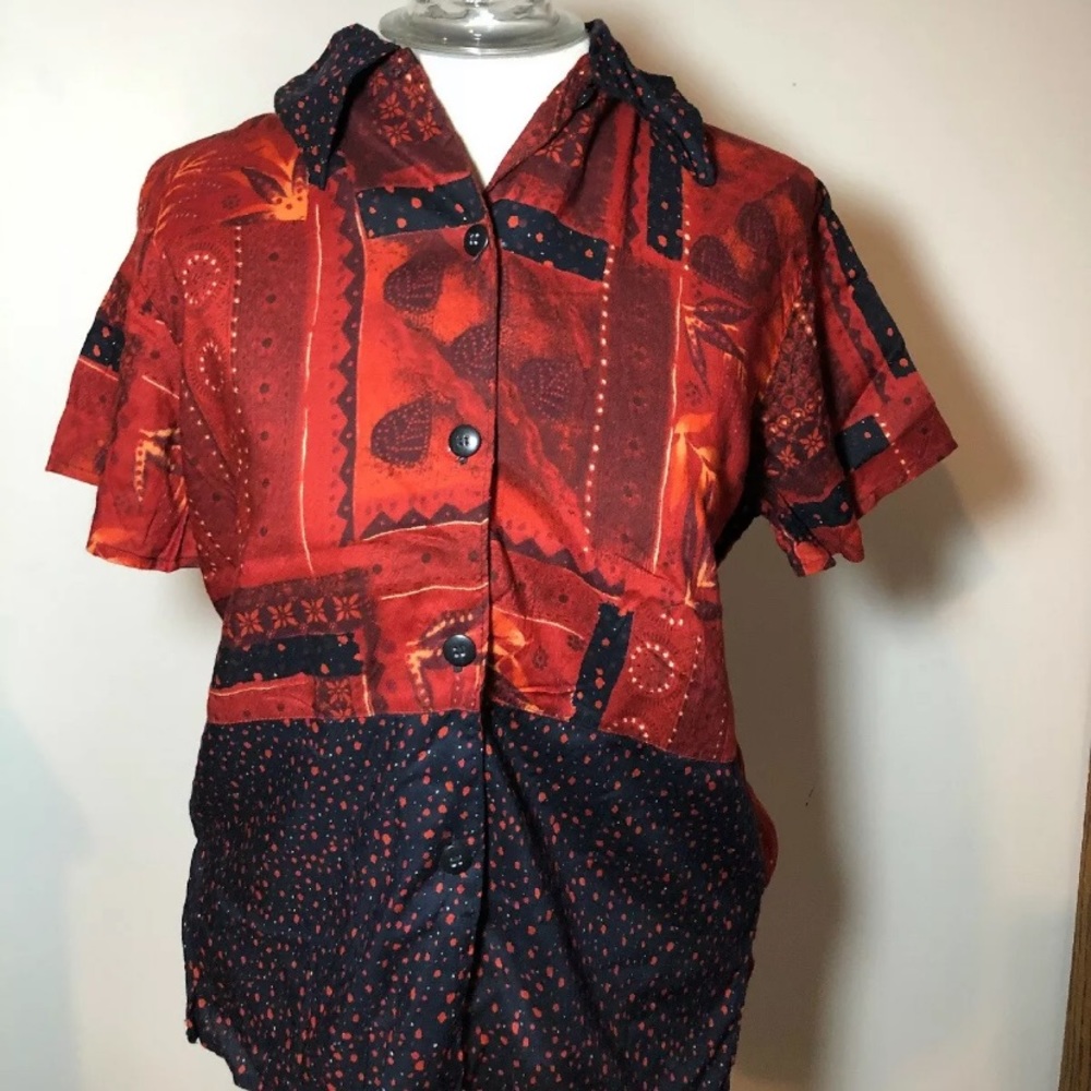 Impressions abstract button down blouse top 90s M red black shirt vintage retro